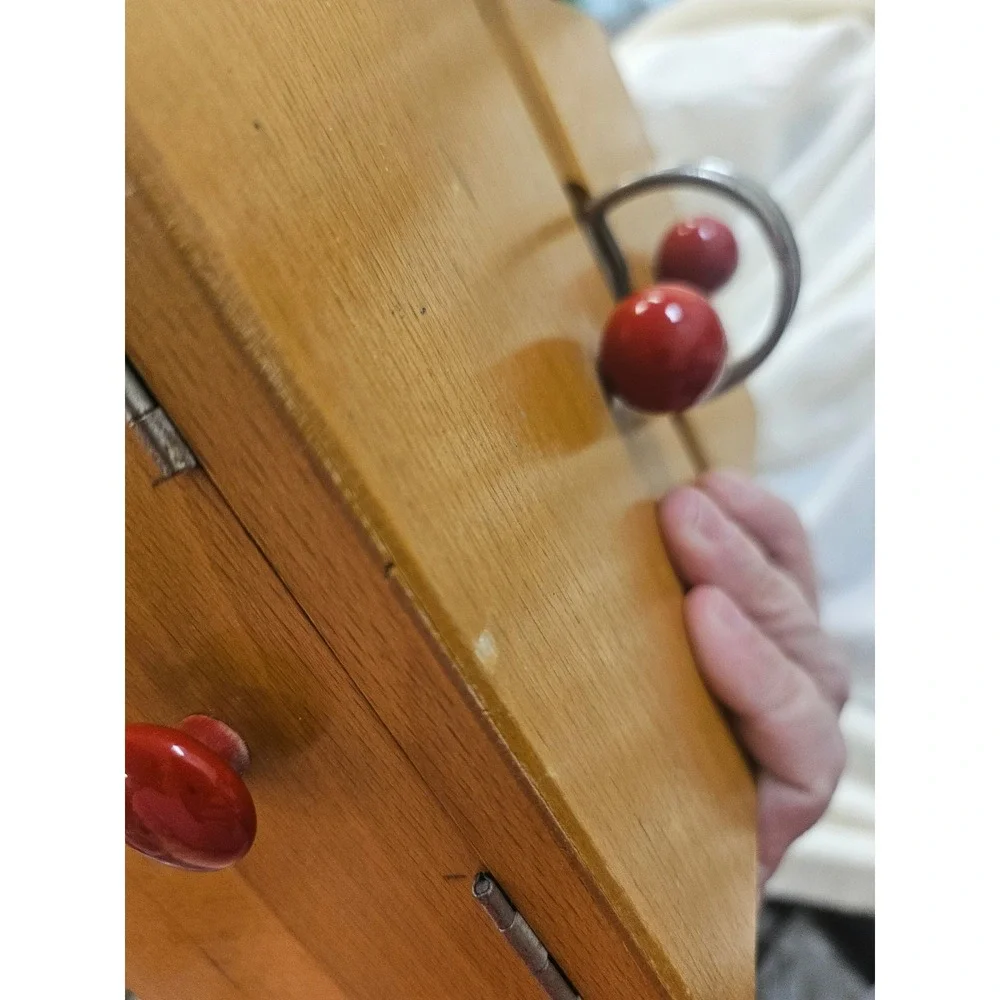 Vintage Wooden Accordion Sewing Box Cantilever 3 Tier Storage Chest Red Knobs